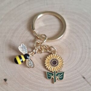Gold Bee and Sunflower Keychain Charm - Yellow & Green Enamel
